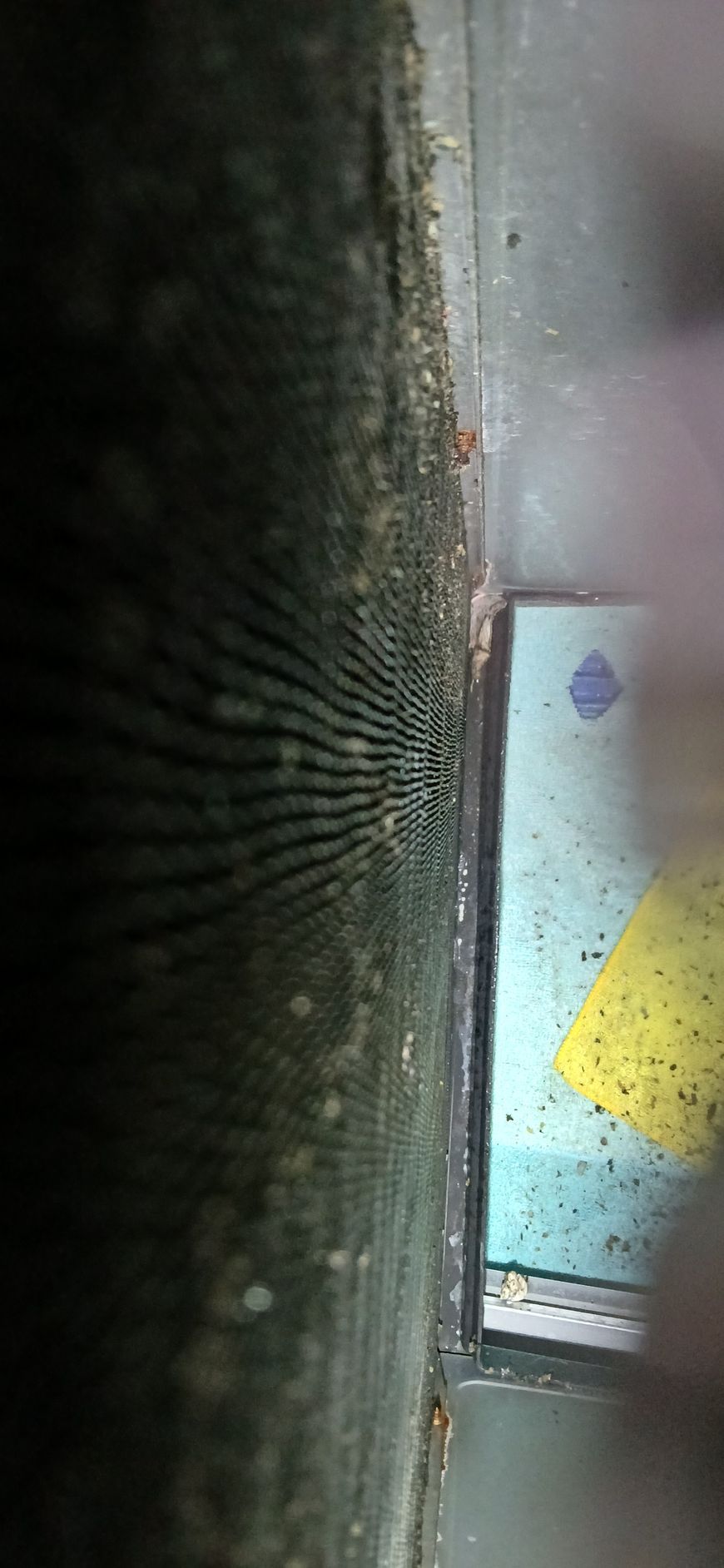 A black textured surface beside a partially visible rectangular sign with yellow and blue elements against a grey wall.