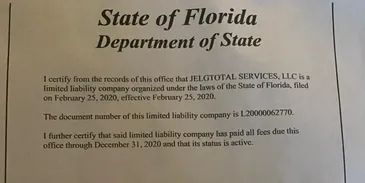 A document from the Florida Department of State certifying the active status of JELGTOTAL SERVICES, LLC.