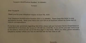 An official IRS letter confirming a business Employer Identification Number (EIN) issued on June 9, 2020.
