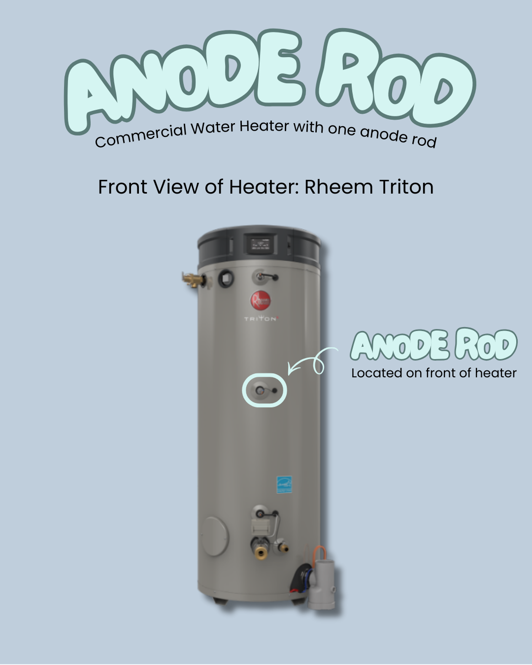 Image of Rheem Triton commercial heater showing location of anode rod