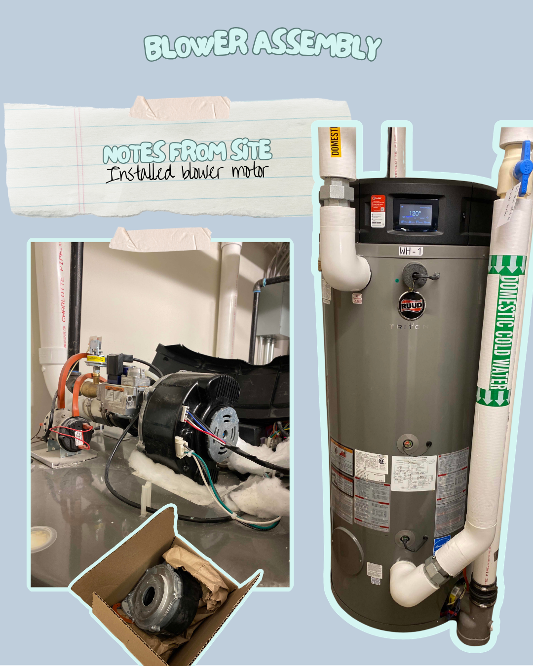 Rheem Triton blower assembly issues feature taped on notes from job site, Rheem Triton unit, blower assembly view from behind, and new blower assembly in box