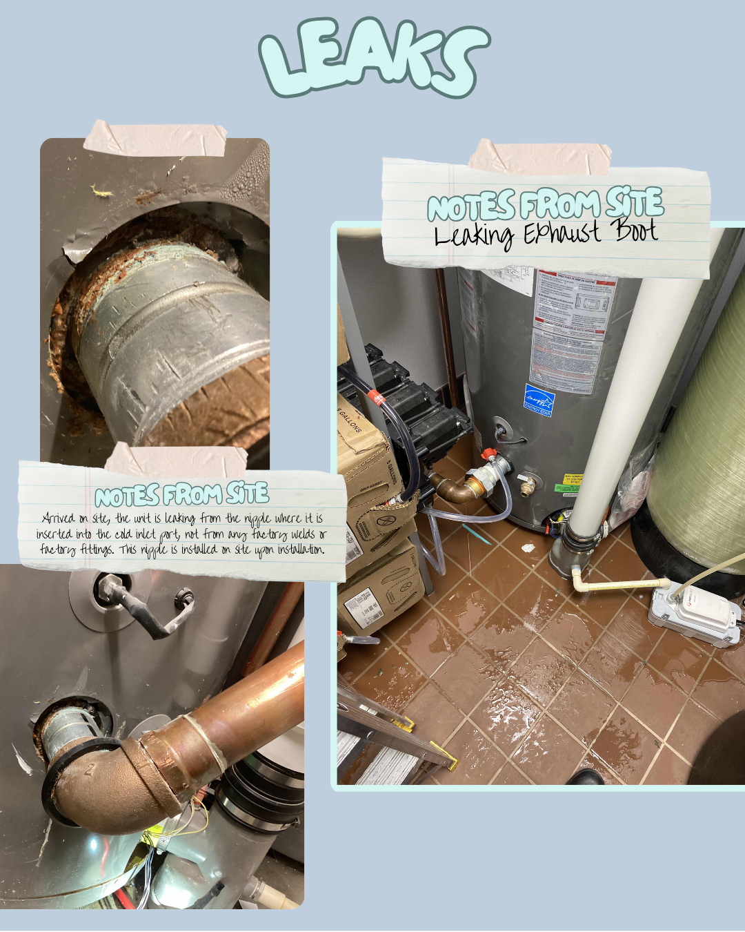 Summary of Rheem Triton leaks at nipple during installation and from the exhaust boot