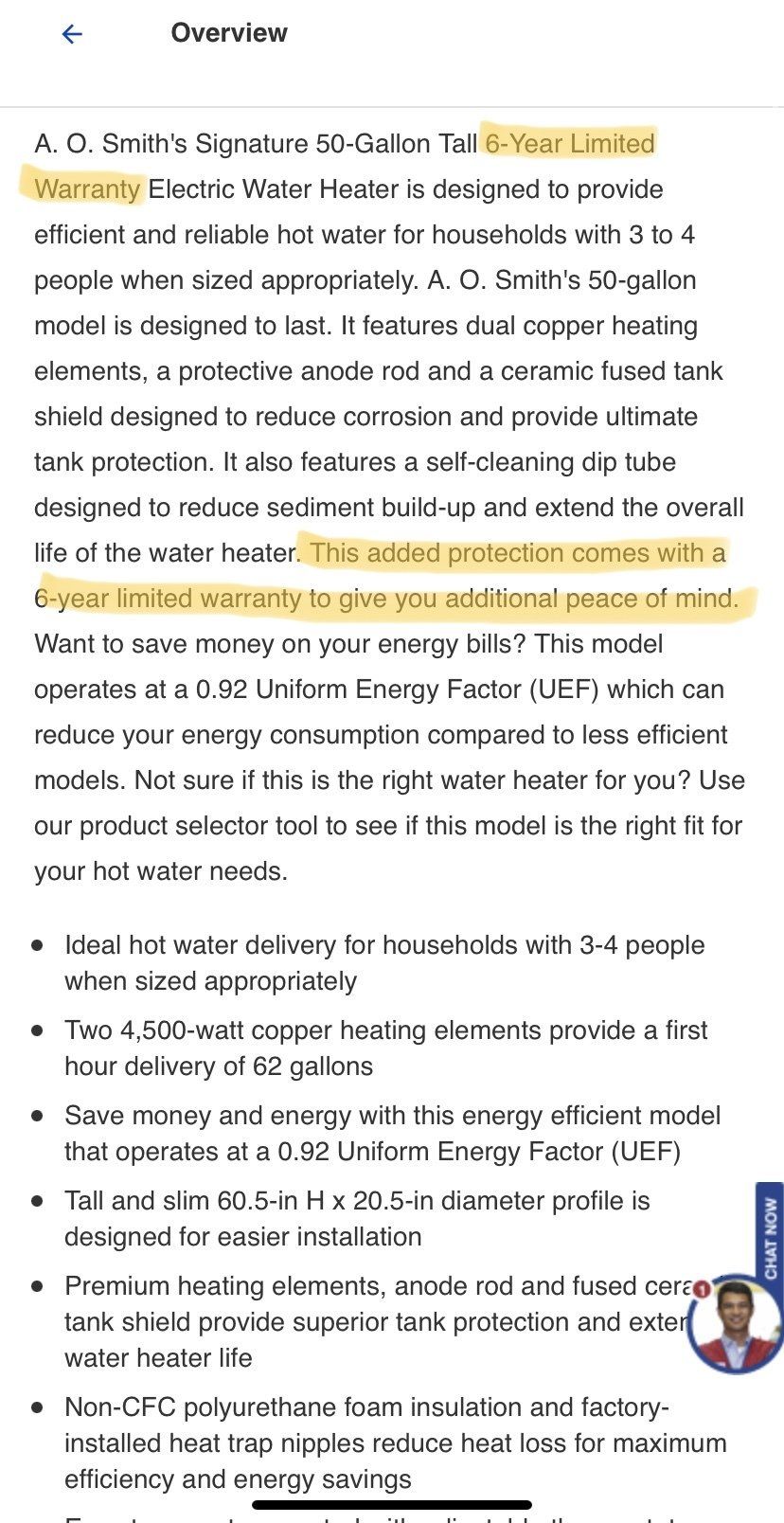 Screenshot of Details for A.O. Smith Residential Water Heater Warranty for Labor, Parts, and Tank