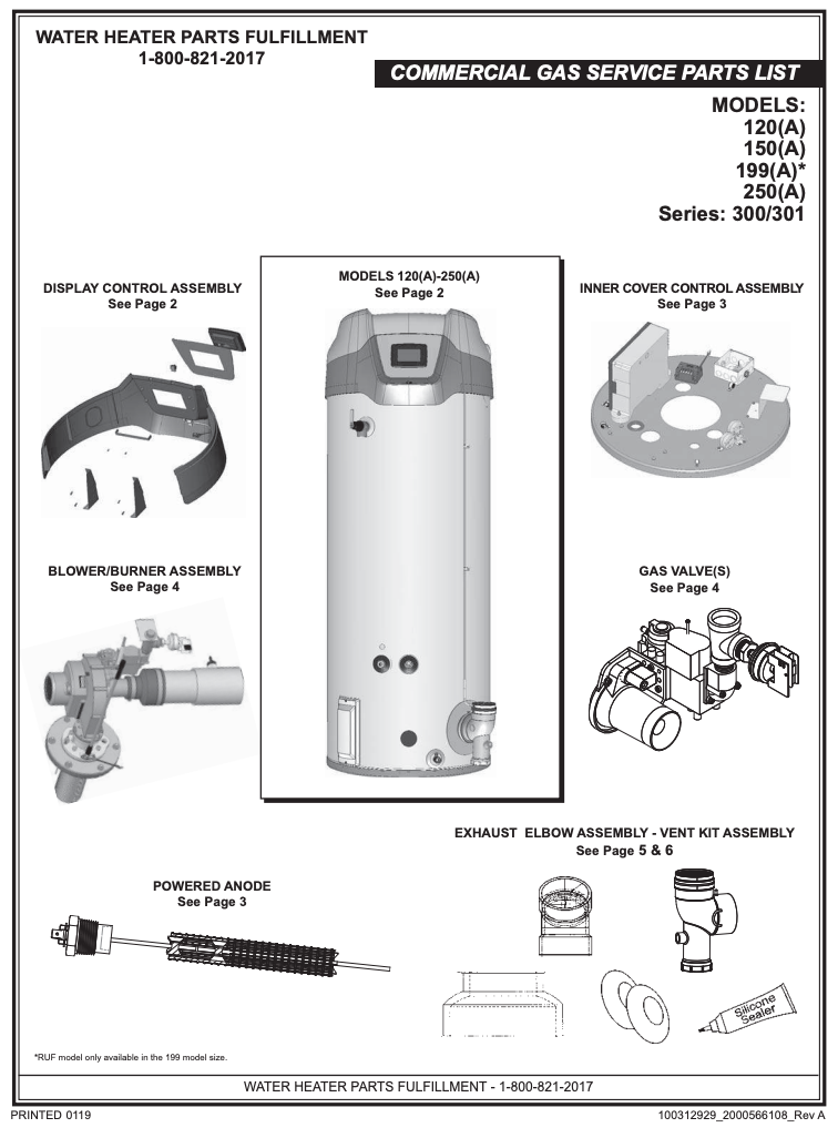 A.O. Smith BTH 120(A)-250(A), 300/301 Series Cover of Replacement Parts List, Parts Diagram 