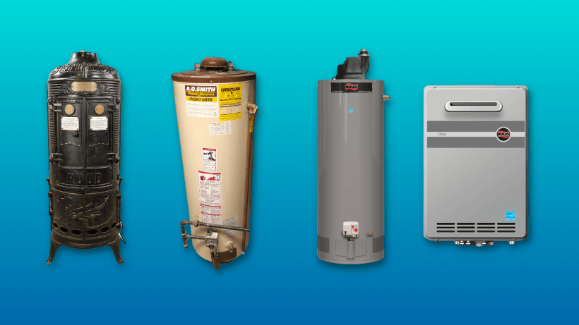 Original Ruud water heater, A.O. Smith Water Heater from 1990s, modern Ruud water heaters