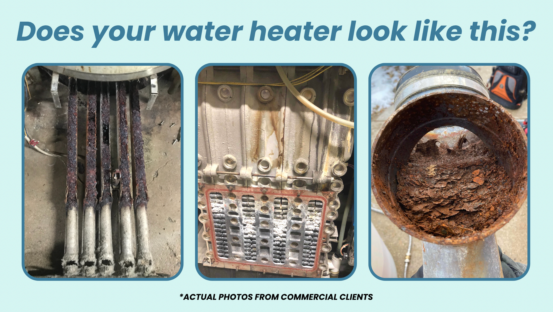 Do your water heater look like this? Water heaters in need of preventative maintenance: burner assembly filled with rust, boiler heat exchanger sediment, clogged exhaust condensate elbow