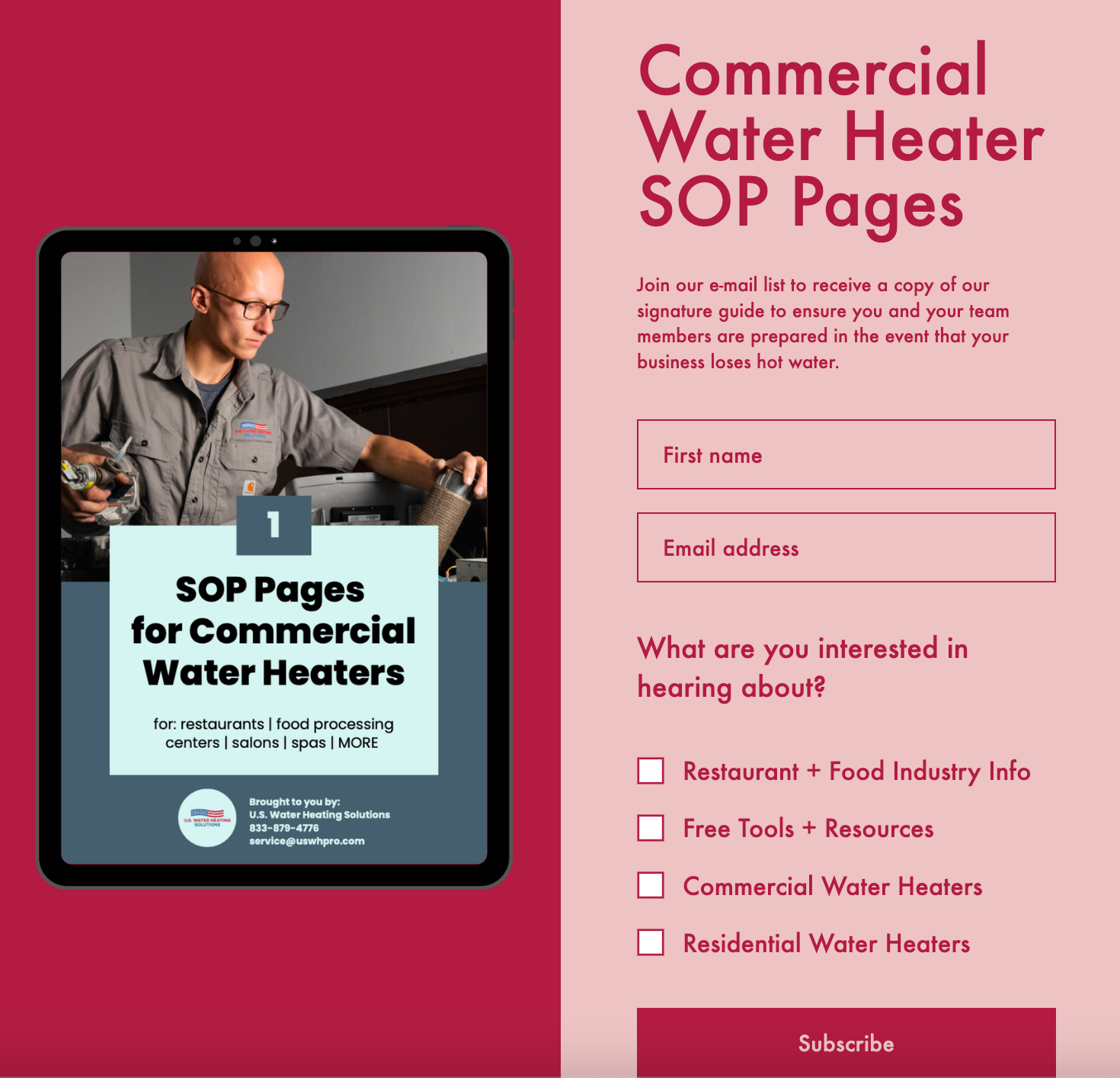 Commercial Water Heater SOP Pages Pop-up Box