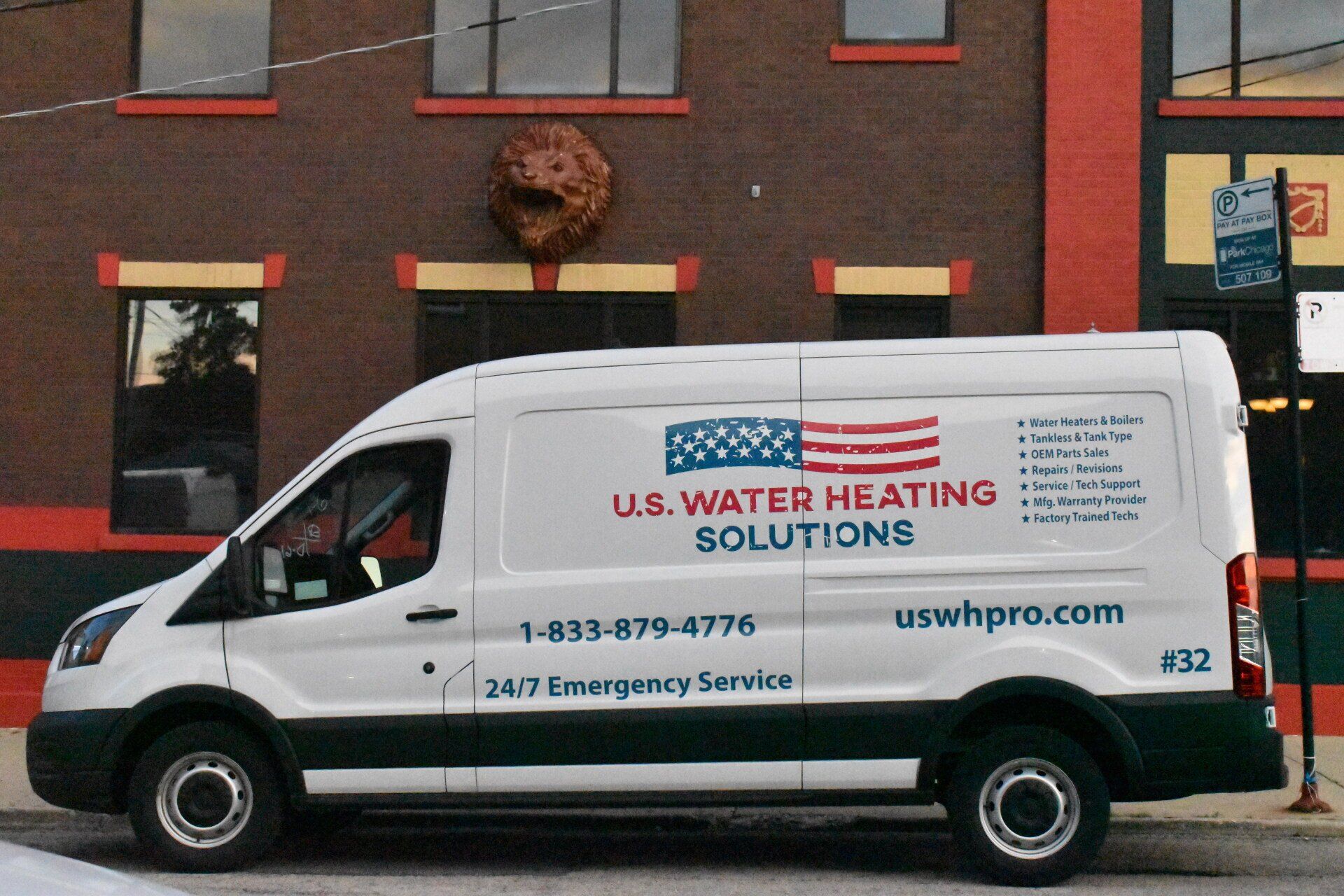 service truck in front of urban building