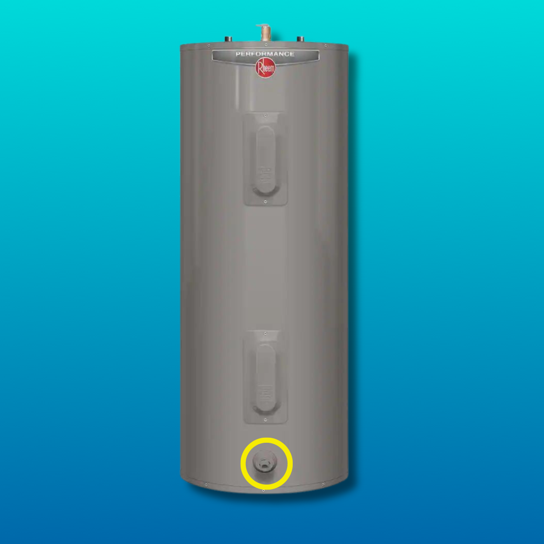 Rheem residential electric water heater with drain valve circled in yellow