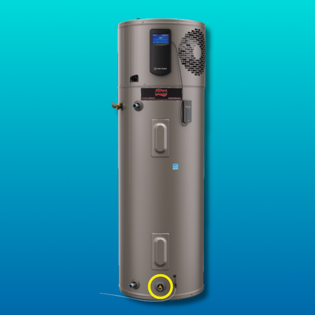 Rheem power vent water heater with drain valve circled in yellow