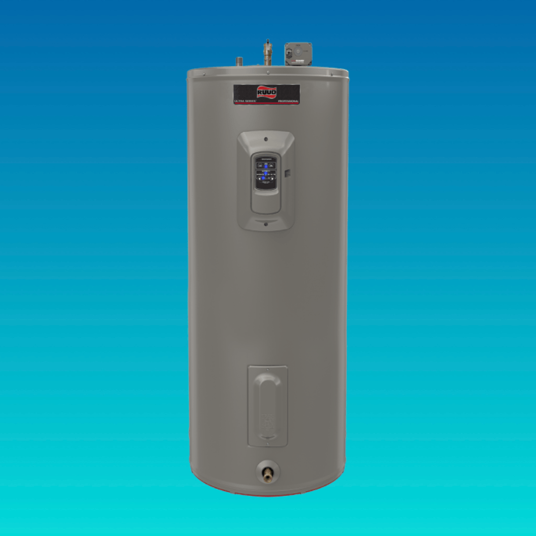Ruud electric water heater on blue ombre background