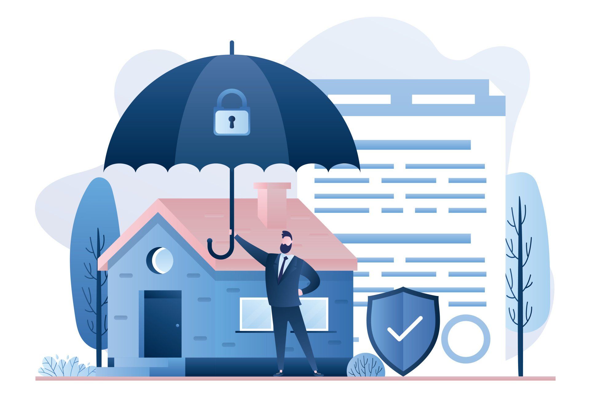 Cartoon of man with umbrella protecting house