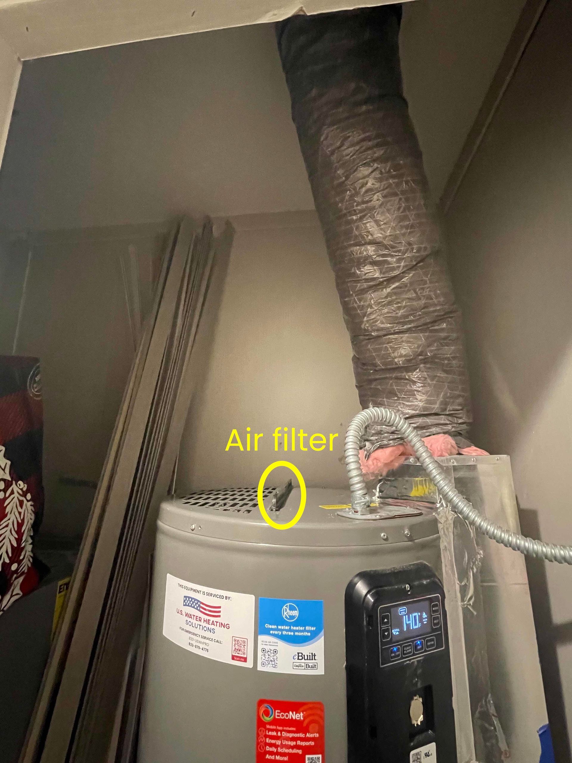 Image of top of Rheem Hybrid Heat Pump water heater showing location of air filter