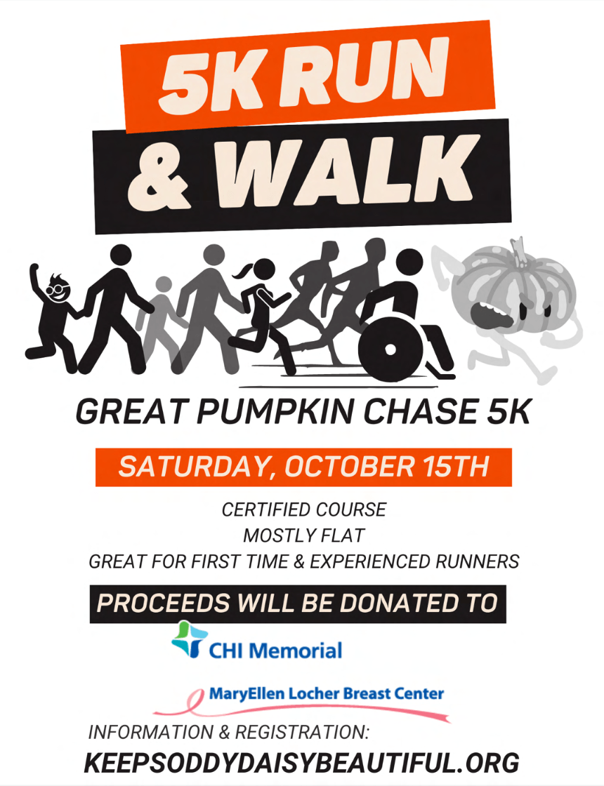 Promotional Poster for Soddy-Daisy 5K Run & Walk with images of folks running and walking behind a pumpkin followed by event information