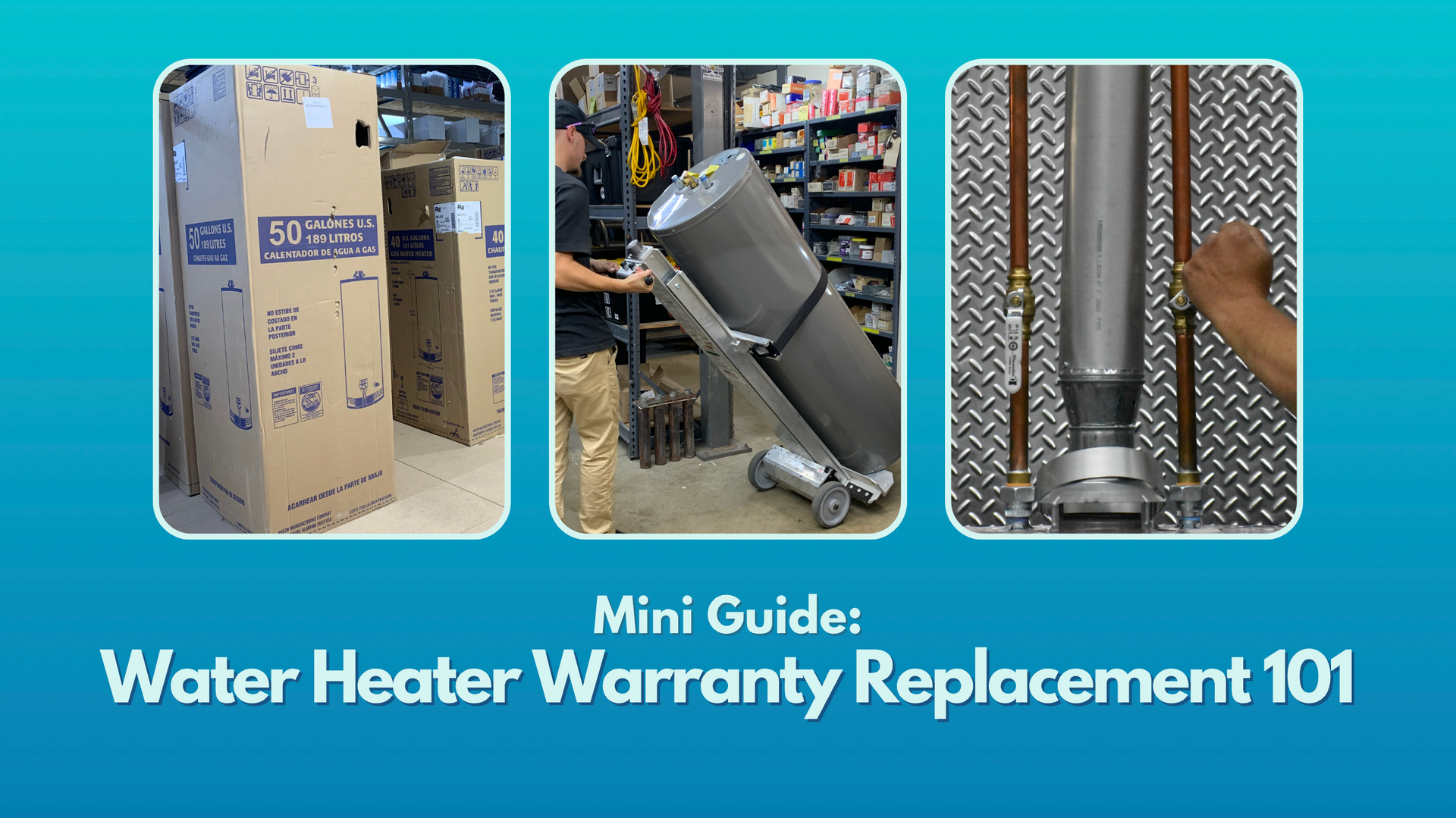 Blue ombre background with three images of water heaters and blue text with article title