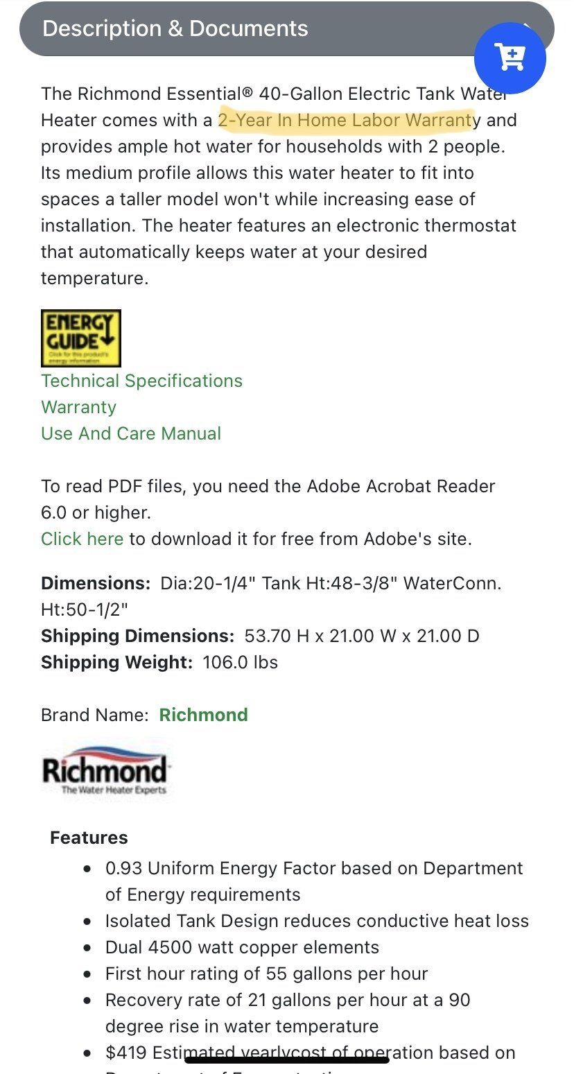 Screenshot of Details for Richmond Residential Water Heater Warranty for Labor, Parts, and Tank