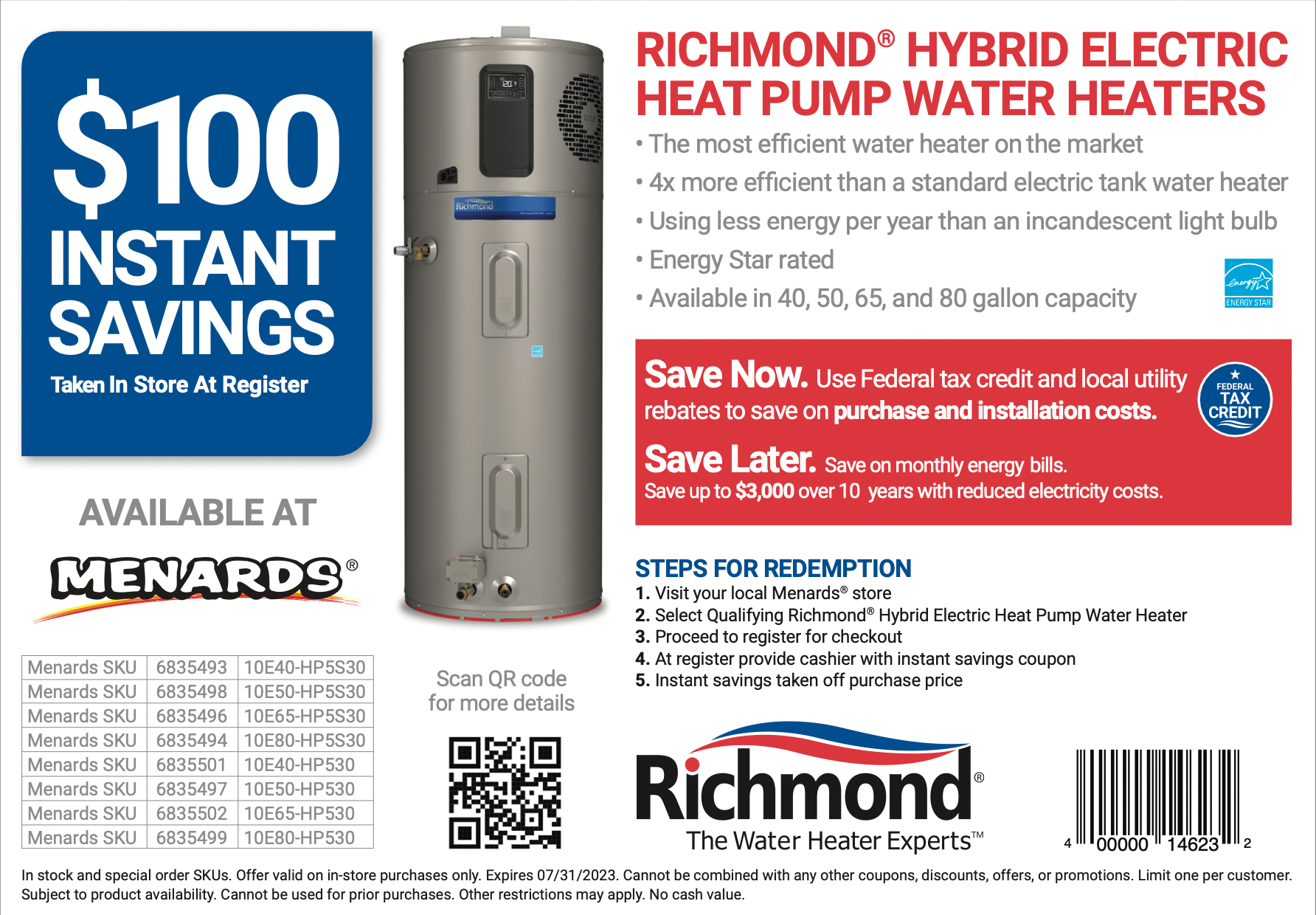 Menards Coupon for Richmond Hybrid Electric Heat Pump Water Heater