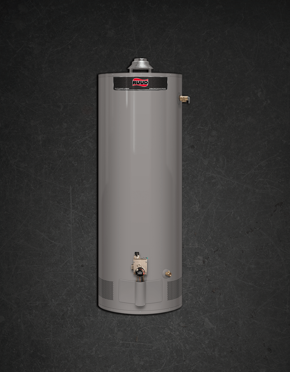 Ruud Residential Natural Gas Water Heater on Black Background