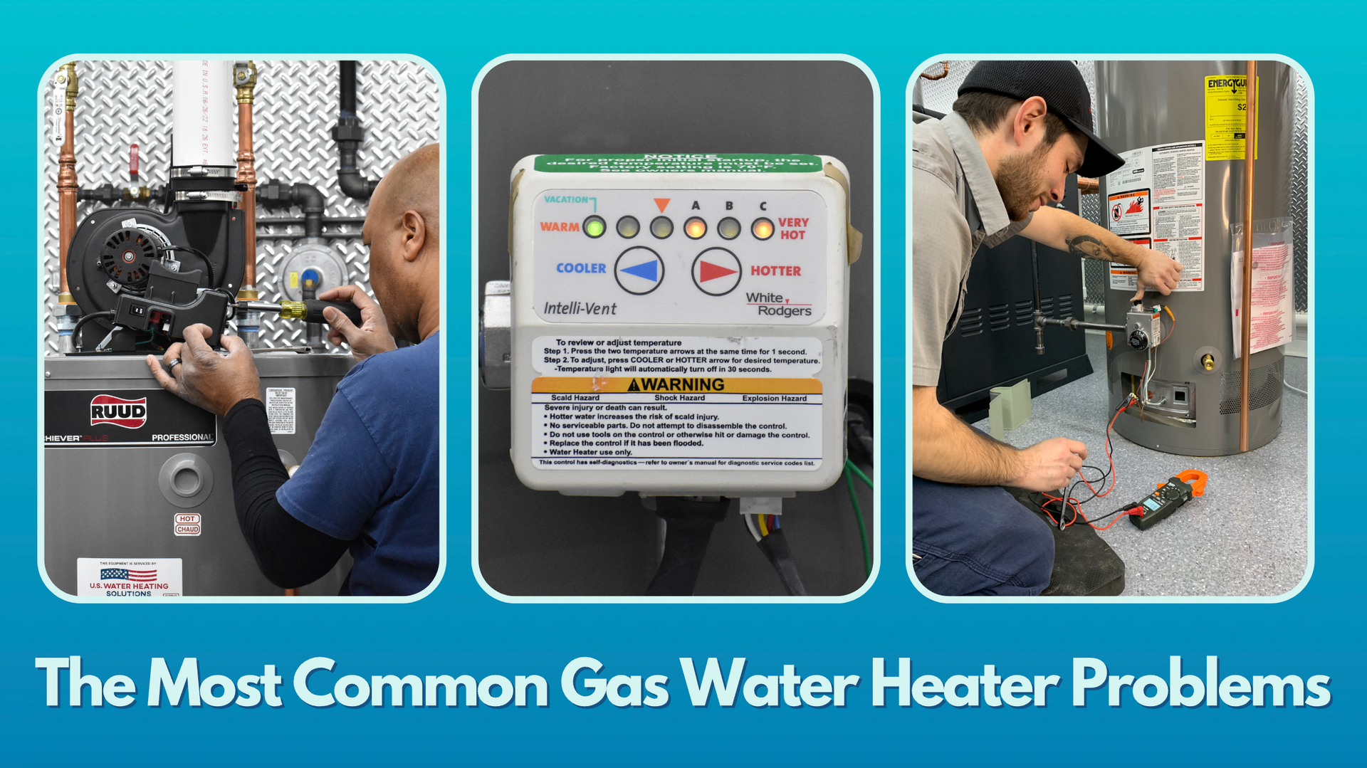 Water heater repair technicians diagnosing and repairing gas water heater