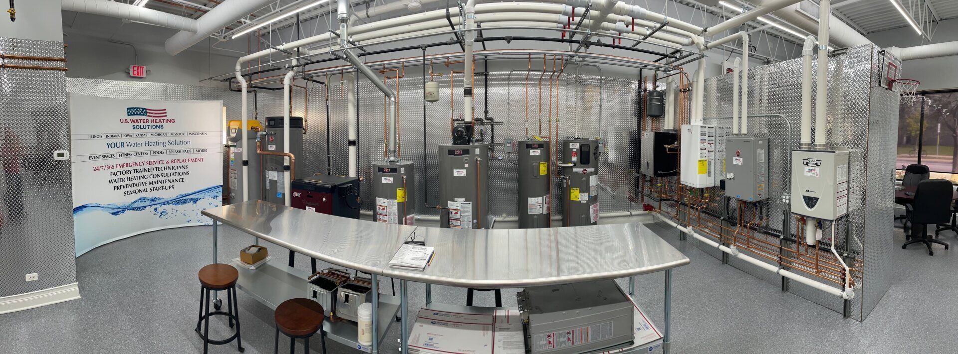 Panorama of Tech Training Center with commercial and residential water heaters