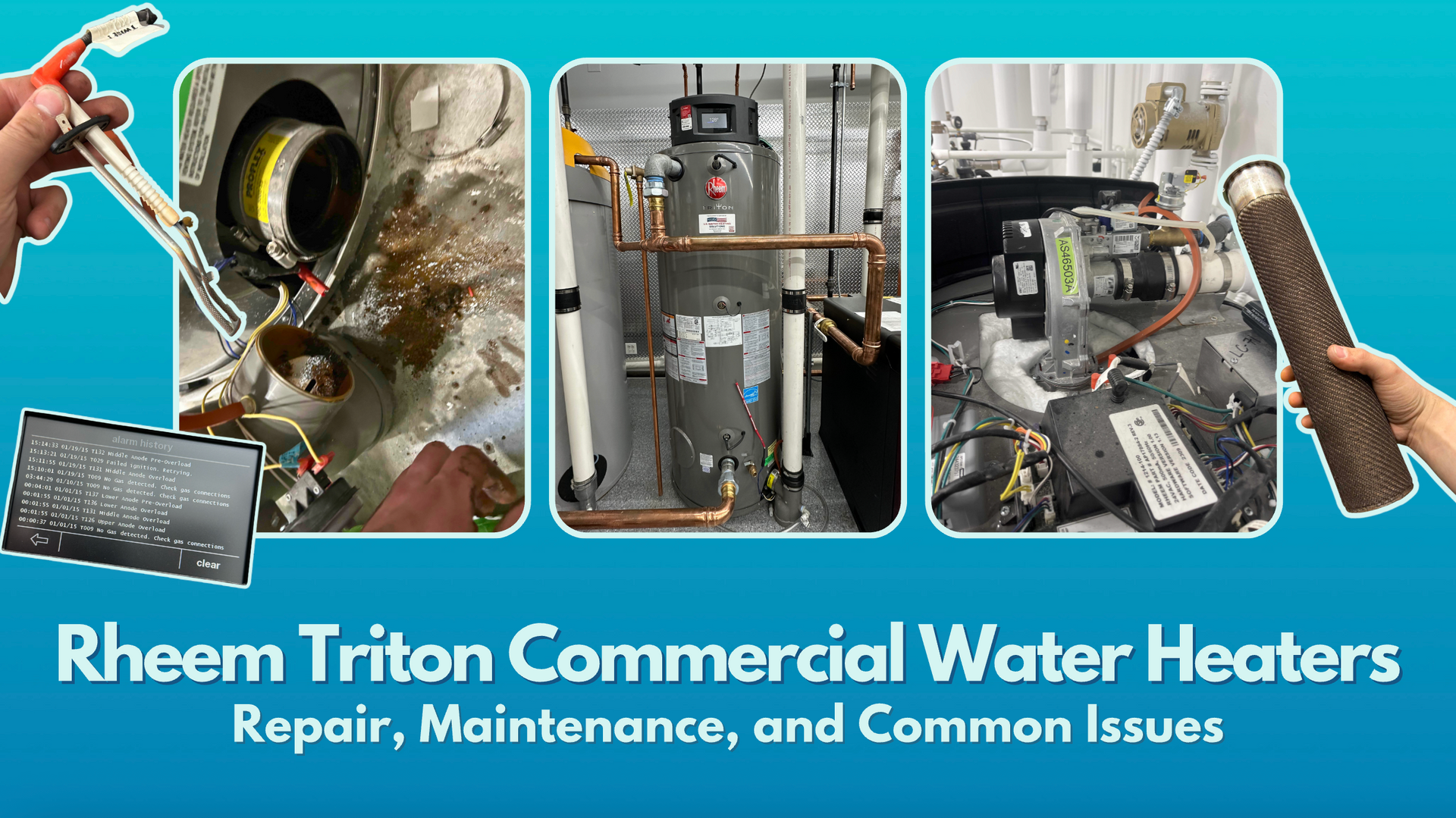 Rheem Triton Commercial Water Heaters blog cover image featuring close-ups of heater and parts