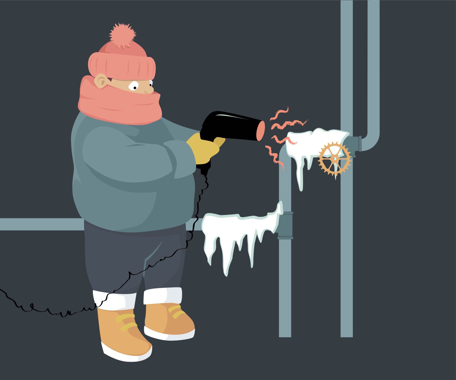 animated person thawing pipes with a hair dryer