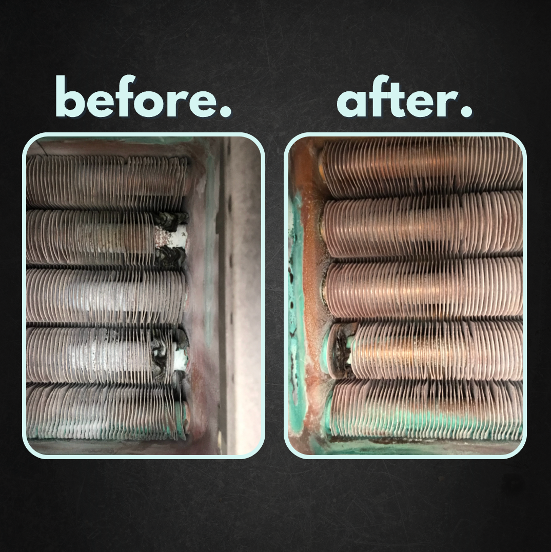 Before and after photos of a clean and flush tankless water heater, tankless water heater maintenance