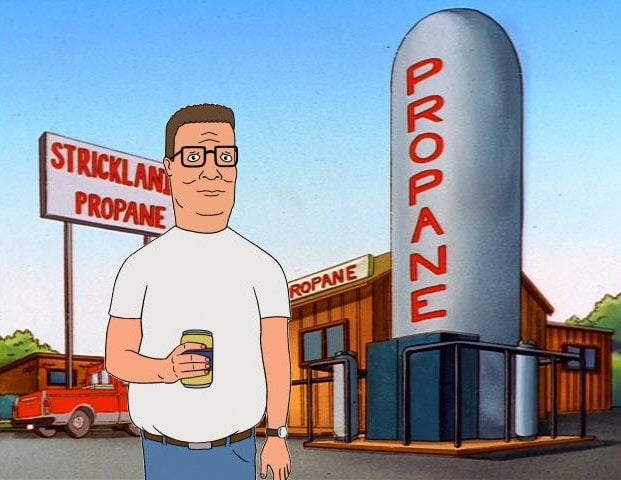 Hank Hill in front of Strickland Propane