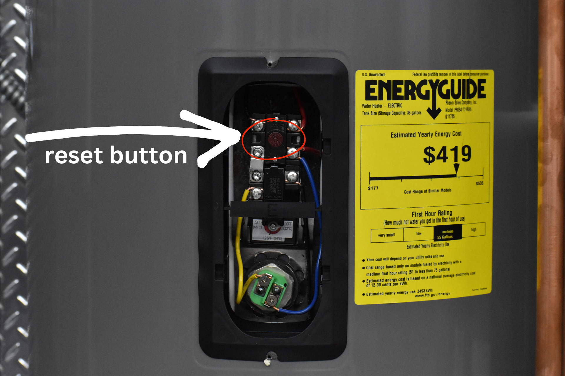 reset button in electric water heater control panel