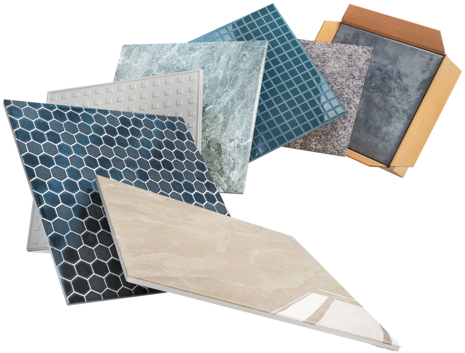 A variety of tiles are stacked on top of each other on a white background.