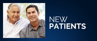 two men are sitting next to each other on a blue background with text that says new patients