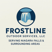 Logo for Frostline Outdoor Services, LLC: waterfall icon in a circle, dark blue text, and text "Serving Niagara Falls..."