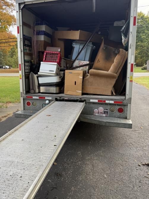 a truck is parked on the side of the road next to a fallen tree .