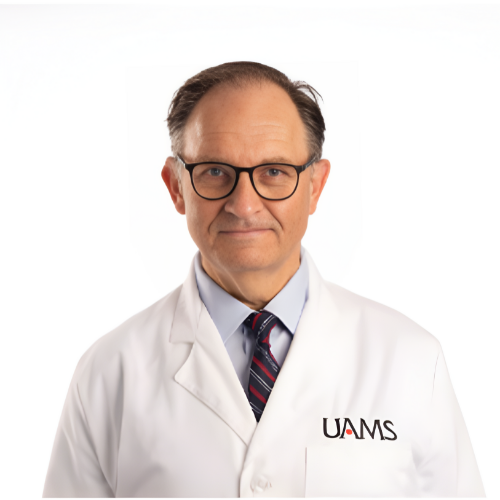 Man in glasses and lab coat with UAMS logo, looking at the camera.