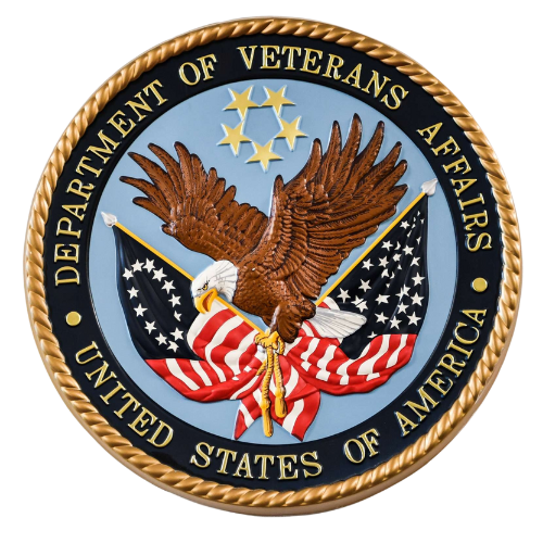 Department of Veterans Affairs seal: eagle with wings spread, holding red, white, and blue ribbons; surrounded by flags and stars.