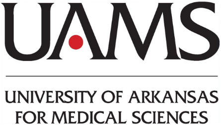 UAMS logo with black text and a red dot; 