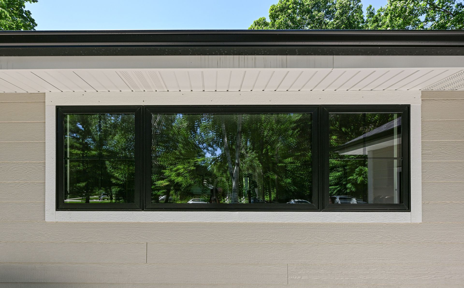 A rectangular black-framed window on a light-colored wall, reflecting green trees.