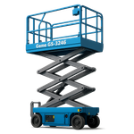 Equipo de Elevación Un elevador de tijera azul con una jaula encima sobre un fondo blanco.