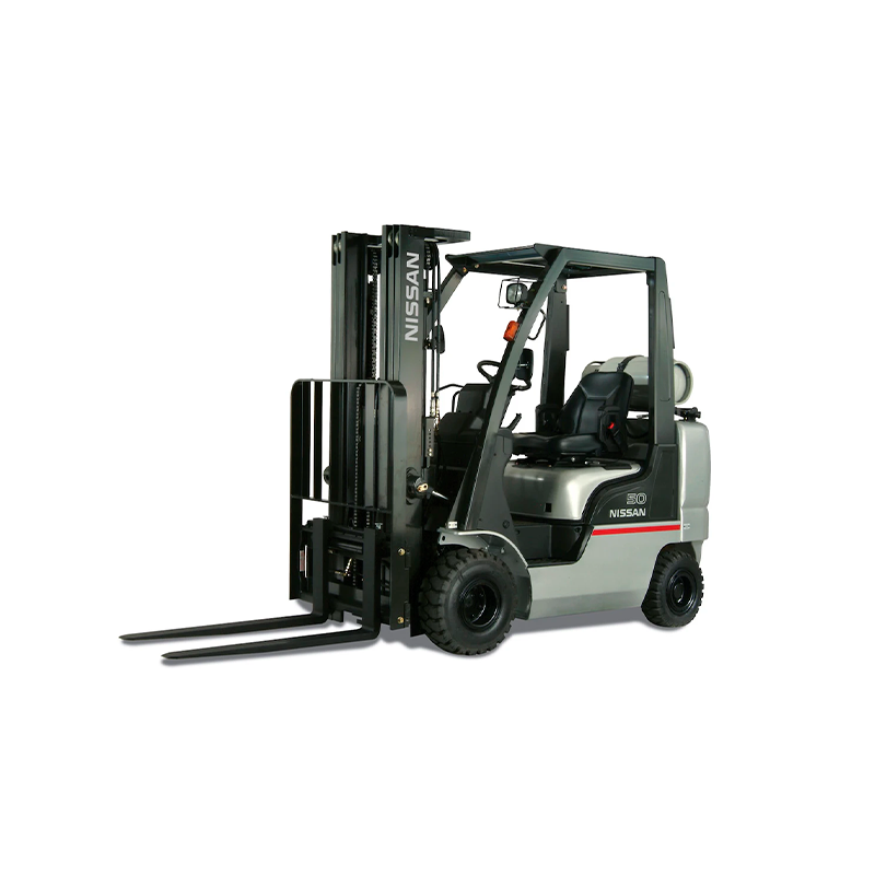 Se muestra una carretilla elevadora Nissan sobre un fondo blanco.