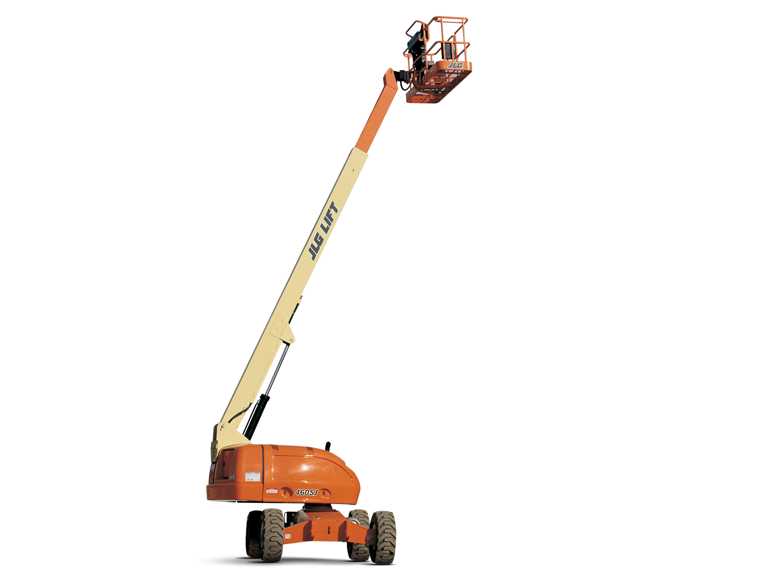 Un elevador aéreo Jlg está ubicado sobre una superficie blanca.