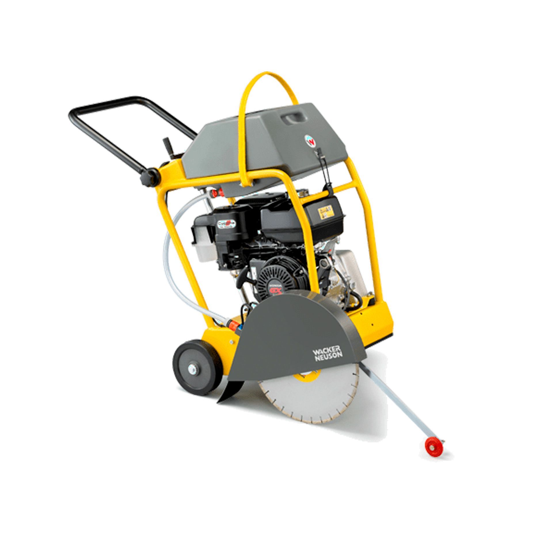 Una sierra de hormigón de color amarillo y gris con ruedas sobre un fondo blanco.