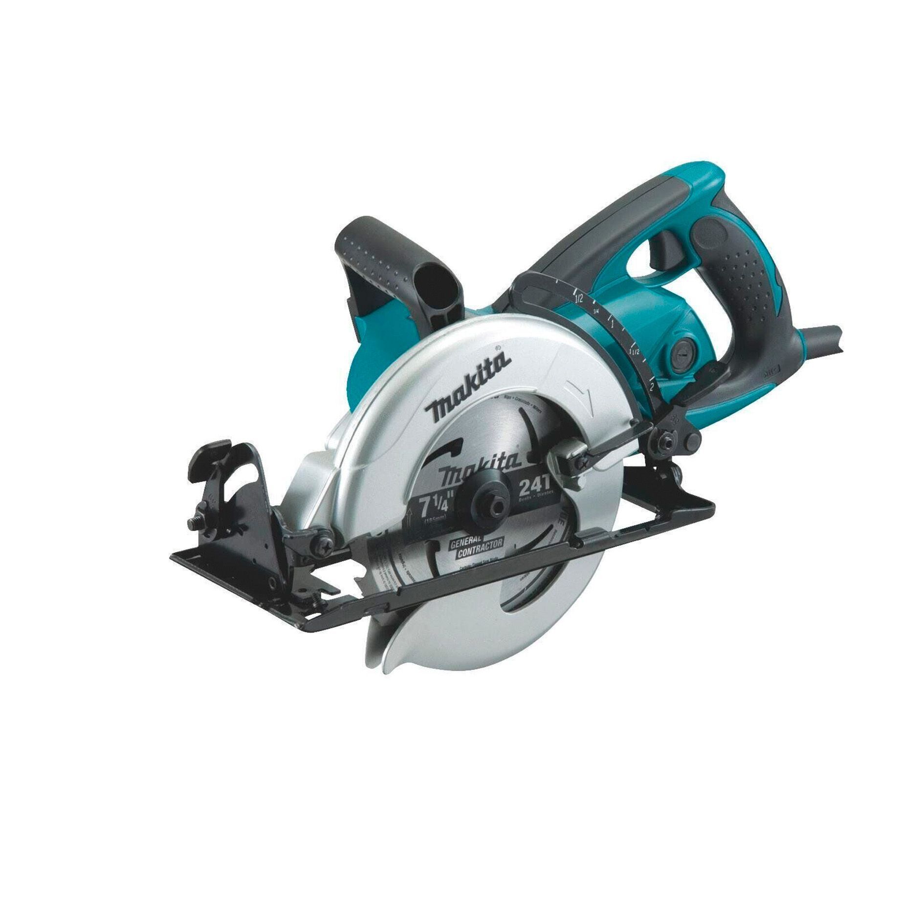 Se muestra una sierra circular Makita sobre un fondo blanco.