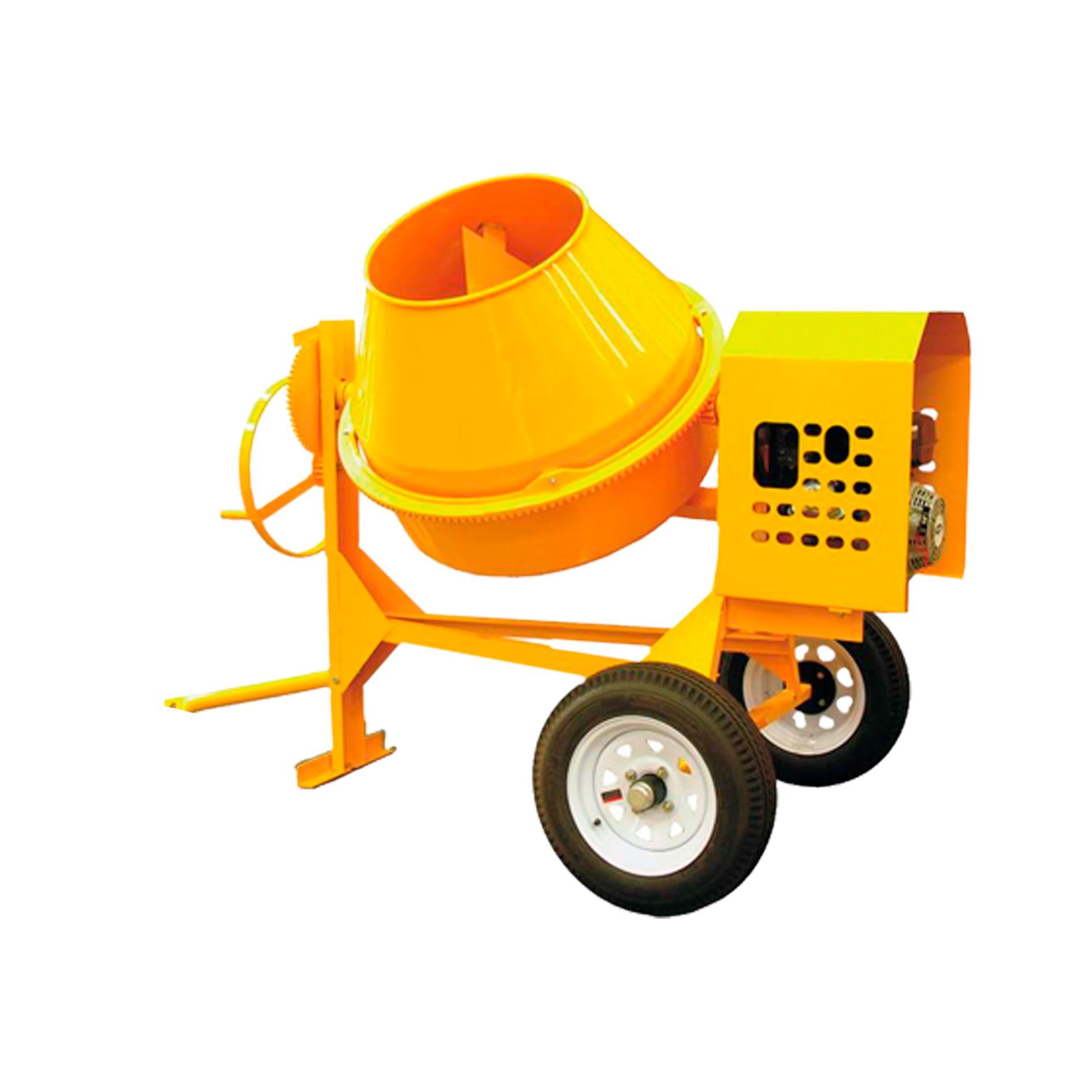 Una hormigonera amarilla con ruedas sobre un fondo blanco.