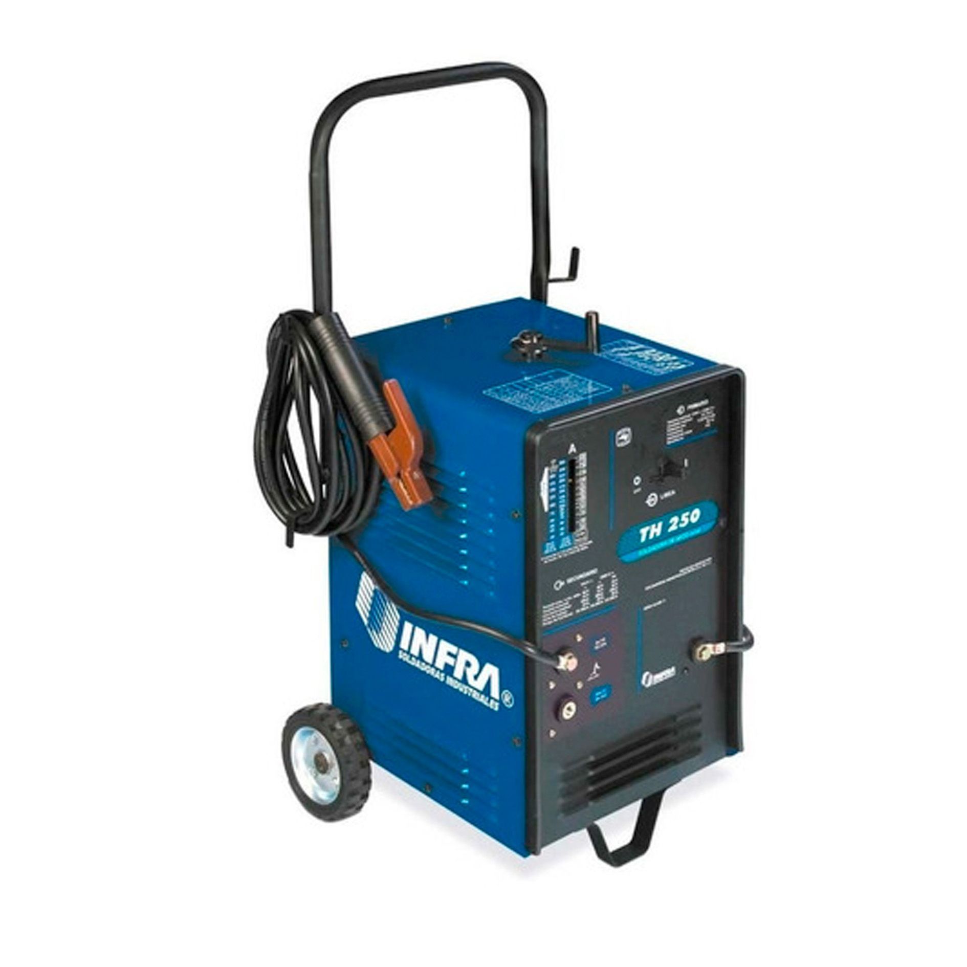 Una máquina de soldar azul con ruedas y un mango sobre un fondo blanco.