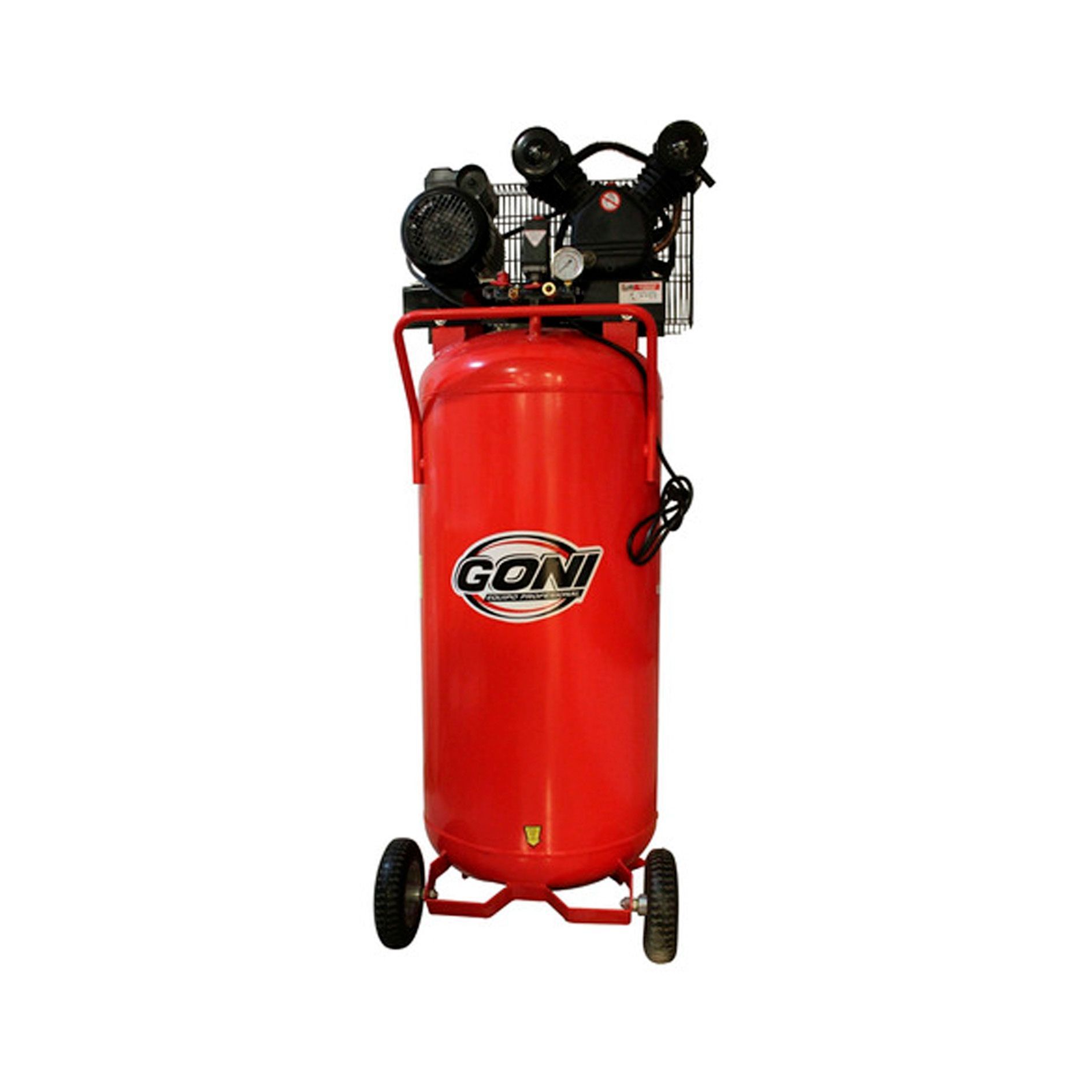 Un compresor de aire rojo con ruedas sobre un fondo blanco.