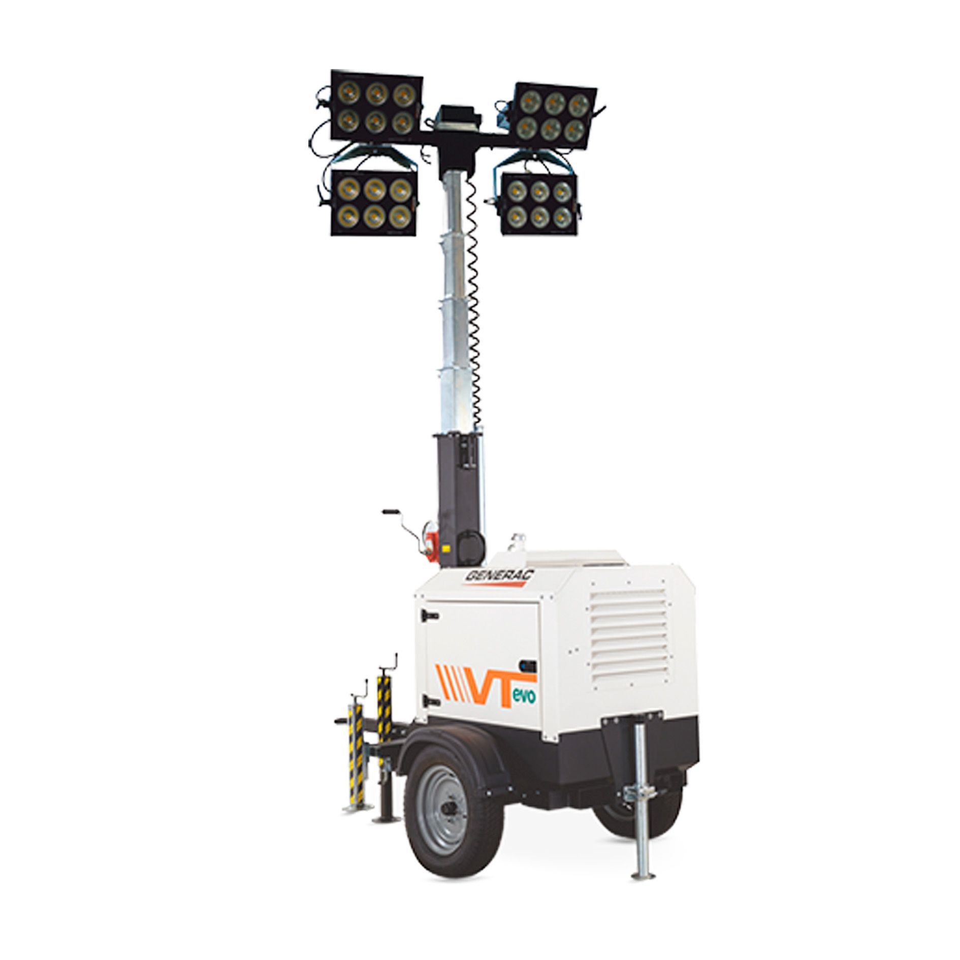 Una torre de iluminación portátil con cuatro luces sobre un fondo blanco.