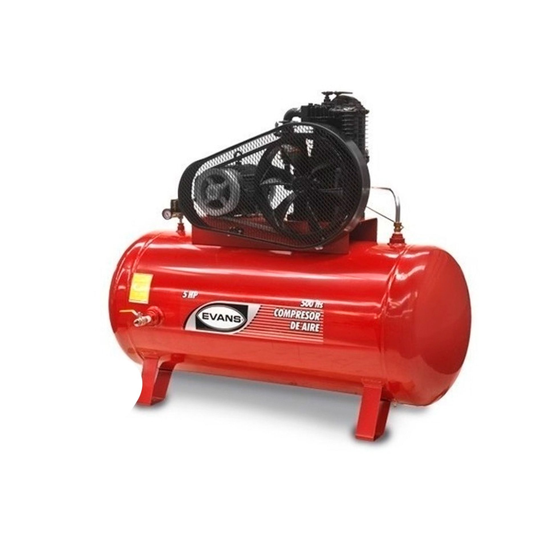 Un compresor de aire rojo está ubicado encima de un tanque rojo.