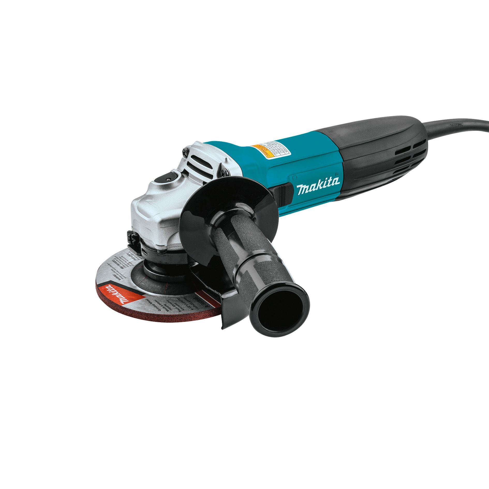 Se muestra una amoladora angular Makita sobre un fondo blanco.