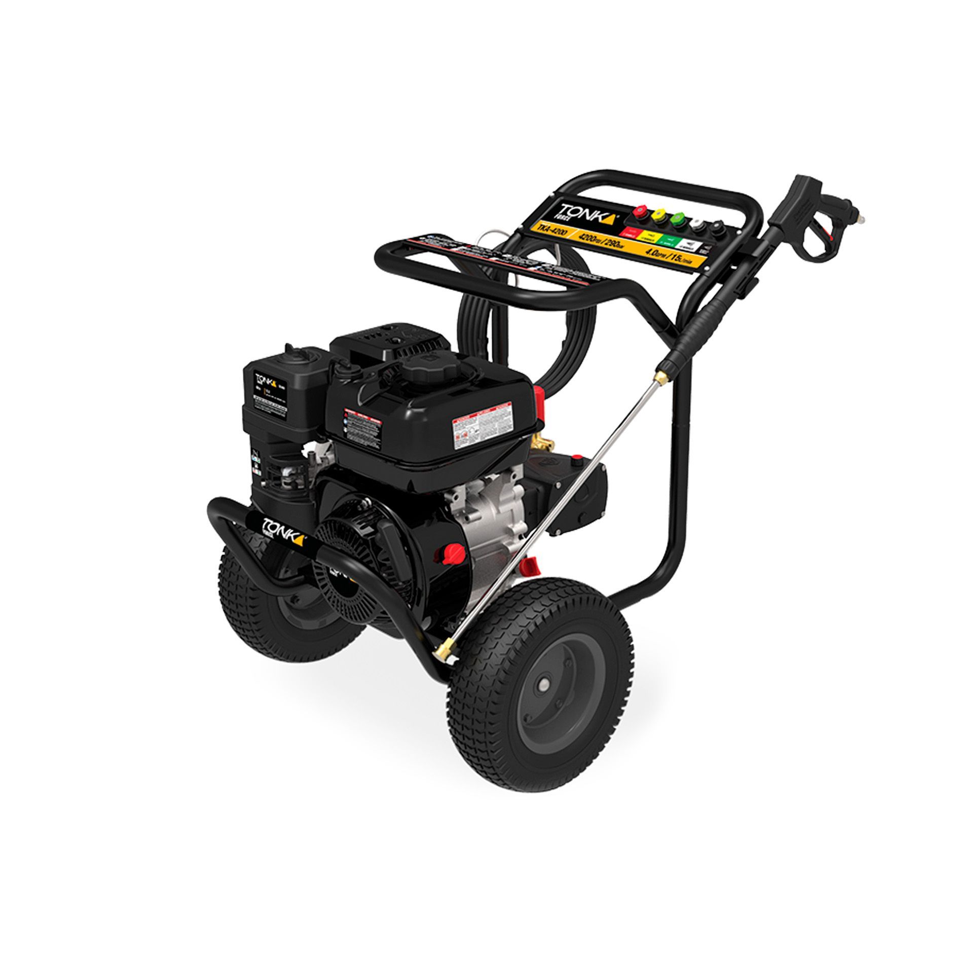 Una hidrolavadora a gas con ruedas sobre un fondo blanco.