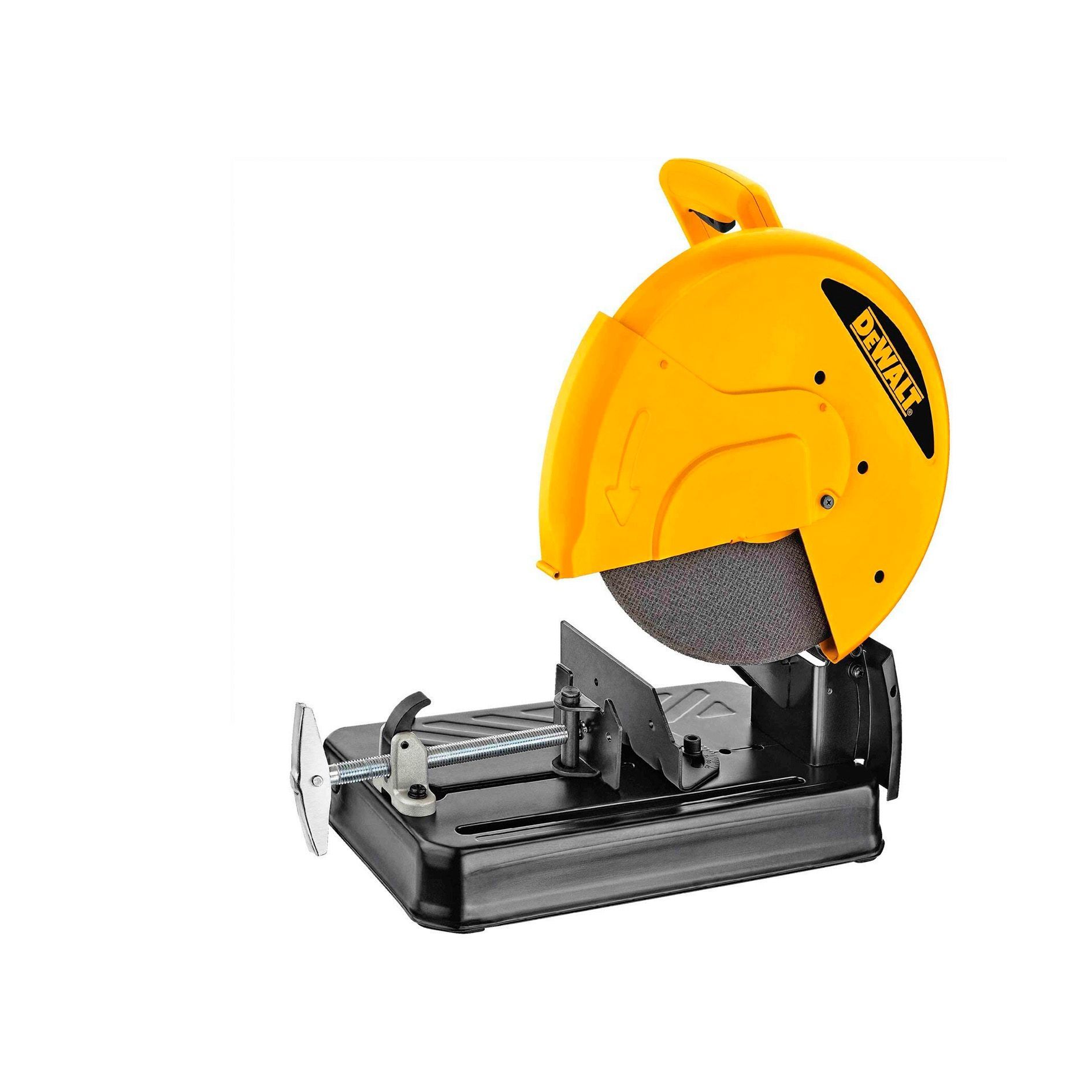 Una sierra circular Dewalt está colocada sobre una superficie blanca.